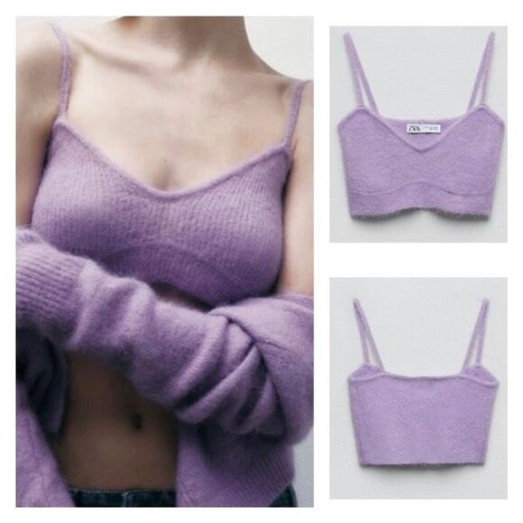 NWT Zara Women's Alpaca Wool Blend V-Neck Bralette Crop Top Purple Size Medium - Picture 1 of 10